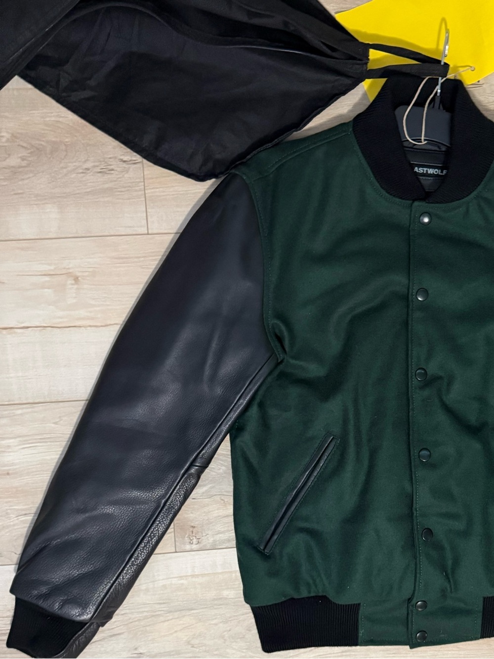 LAST WOLF Dark Green Wool Body Black Leather-Sleeve Bomber Jacket